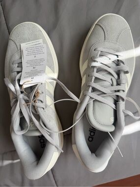 adidas Women's Light Gray Suede Sneakers with White Stripes